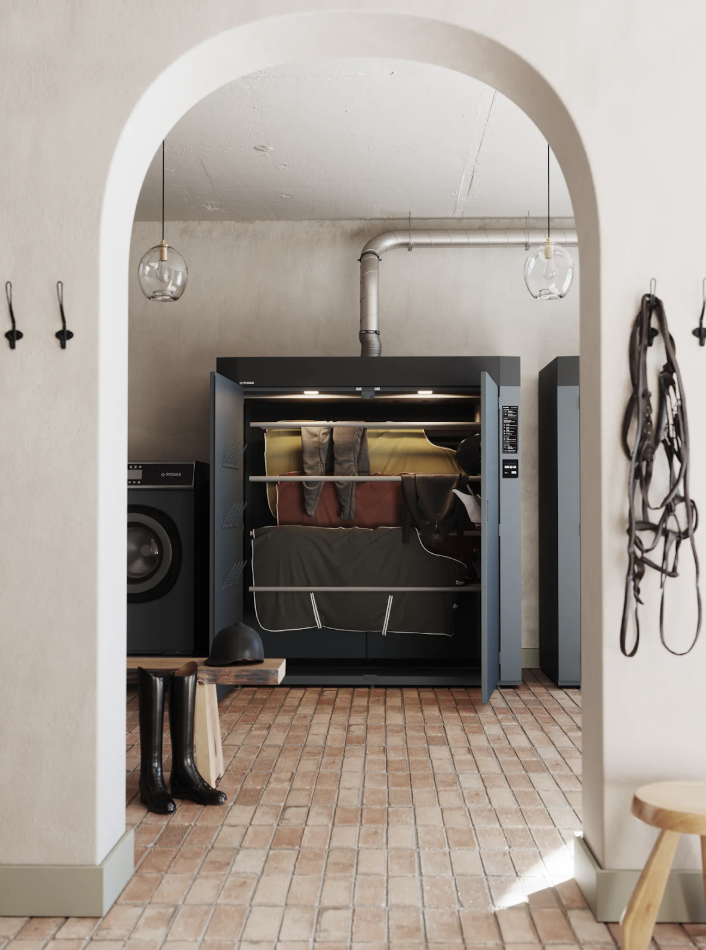 Equestrian drying room with horse rug drying cabinet